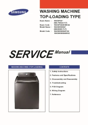 Samsung wa50f9a8dsp a2 service manual cover cover with photo of the washing machine, model code and type and manual contents