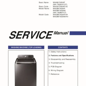 Samsung wa50m7450aw a4 service manual cover cover with photo of the washing machine, model code and type and manual contents
