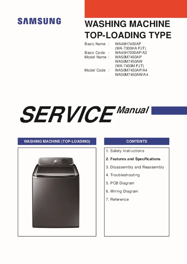 Samsung wa50m7450aw a4 service manual cover cover with photo of the washing machine, model code and type and manual contents