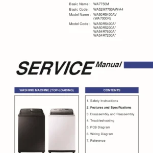Samsung wa50r5400a wa50r5200a wa54r7600a wa54r7200a service manual cover cover with photo of the washing machine, model code and type and manual contents