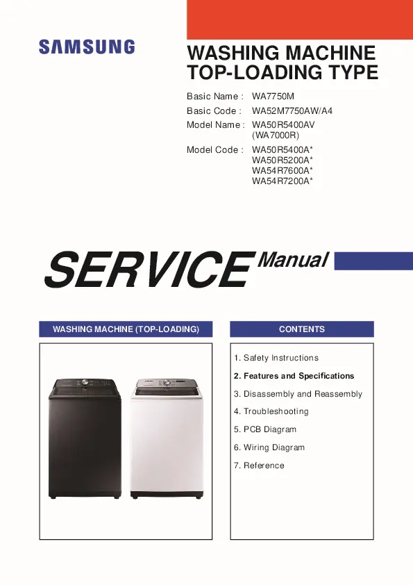 Samsung wa50r5400a wa50r5200a wa54r7600a wa54r7200a service manual cover cover with photo of the washing machine, model code and type and manual contents