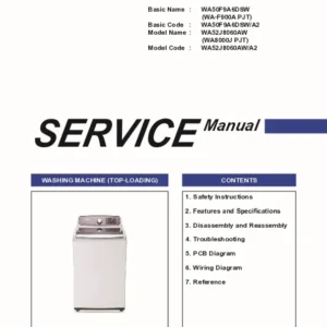 Samsung wa52j8060aw wa52j8700ap wa52j8700aw service manual cover cover with photo of the washing machine, model code and type and manual contents
