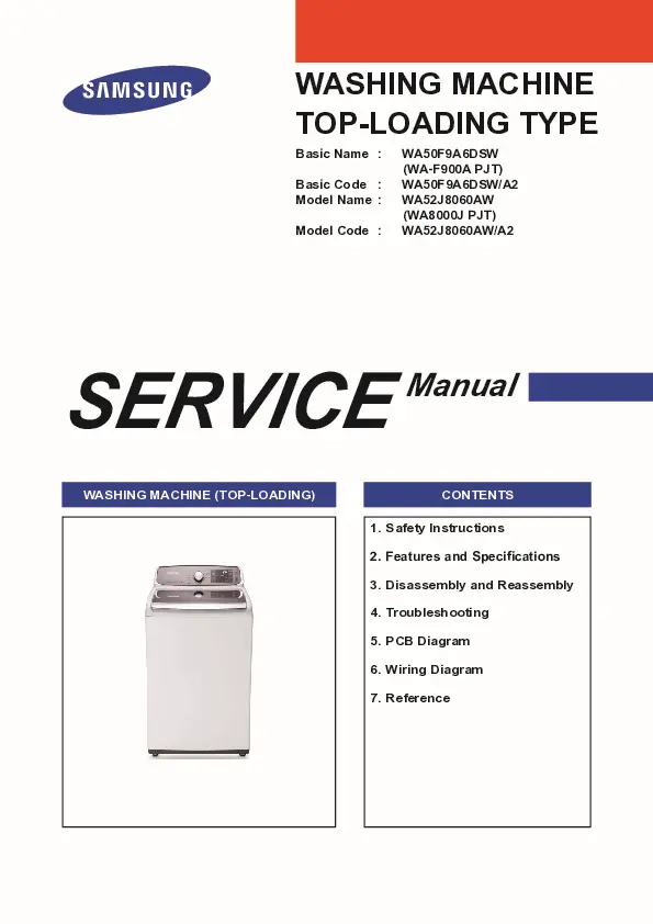 Samsung wa52j8060aw wa52j8700ap wa52j8700aw service manual cover cover with photo of the washing machine, model code and type and manual contents