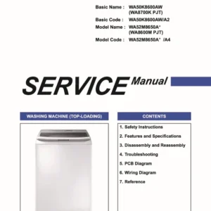 Samsung wa52m8650av wa52m8650aw service manual cover cover with photo of the washing machine, model code and type and manual contents