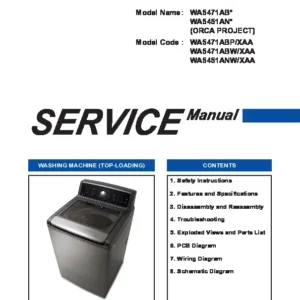 Samsung wa5471abp wa5471abw wa5451anw service manual cover cover with photo of the washing machine, model code and type and manual contents