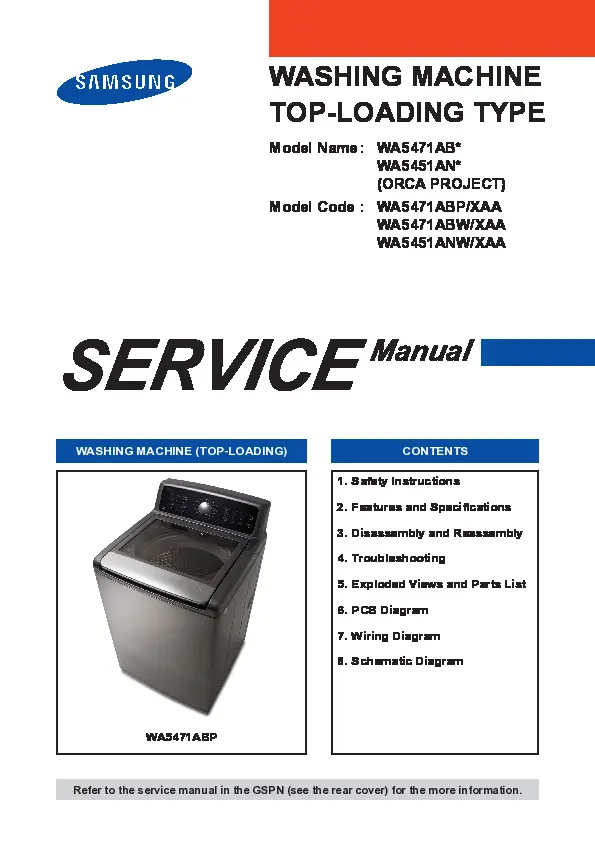Samsung wa5471abp wa5471abw wa5451anw service manual cover cover with photo of the washing machine, model code and type and manual contents