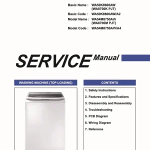 Samsung wa54m8750aw service manual cover cover with photo of the washing machine, model code and type and manual contents