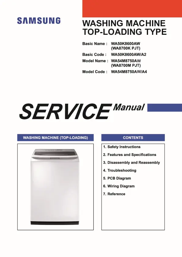Samsung wa54m8750aw service manual cover cover with photo of the washing machine, model code and type and manual contents
