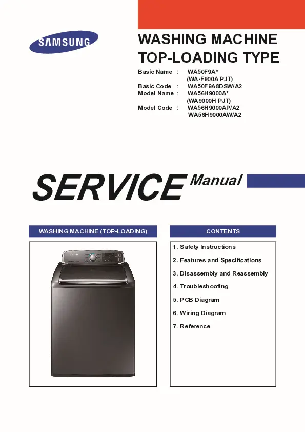 Samsung wa56h9000ap wa56h9000aw service manual cover cover with photo of the washing machine, model code and type and manual contents