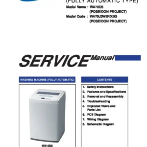 Samsung wa70u3 wa70u3wep service manual cover cover with photo of the washing machine, model code and type and manual contents