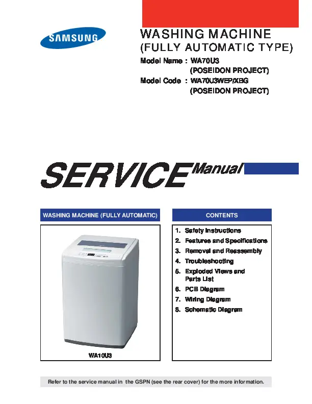 Samsung wa70u3 wa70u3wep service manual cover cover with photo of the washing machine, model code and type and manual contents