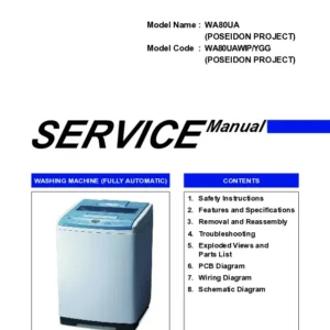 Samsung wa80ua service manual cover cover with photo of the washing machine, model code and type and manual contents