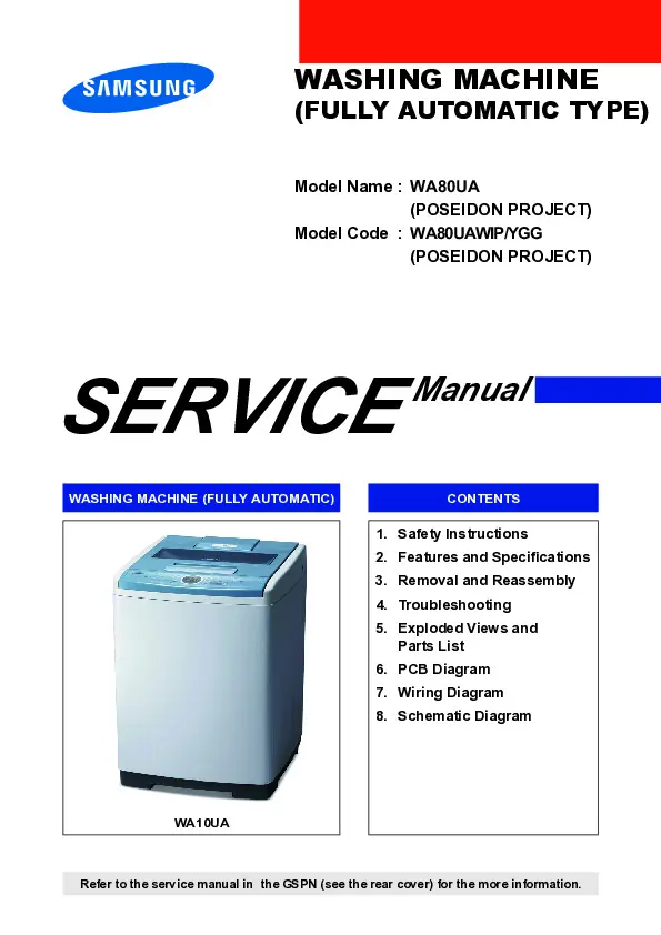 Samsung wa80ua service manual cover cover with photo of the washing machine, model code and type and manual contents