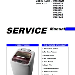 Samsung wa82a5rec service manual cover cover with photo of the washing machine, model code and type and manual contents