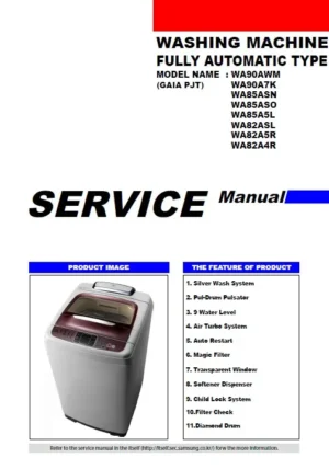 Samsung wa82a5rec service manual cover cover with photo of the washing machine, model code and type and manual contents