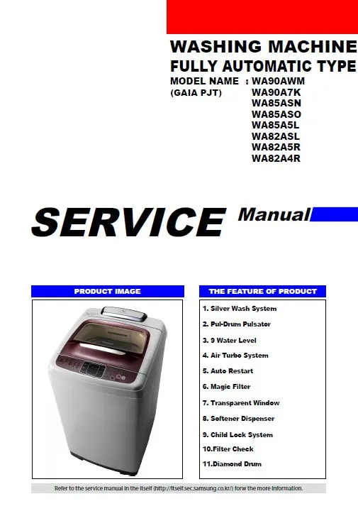 Samsung wa82a5rec service manual cover cover with photo of the washing machine, model code and type and manual contents