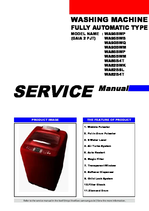 Samsung wa82b4tec wa90bwmeh wa90bwqeh wa95bwbeh service manual cover cover with photo of the washing machine, model code and type and manual contents
