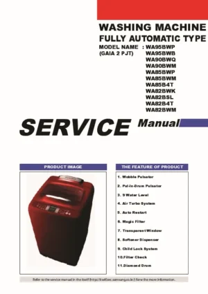 Samsung wa82bwkec service manual cover cover with photo of the washing machine, model code and type and manual contents