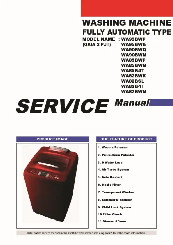 Samsung wa82bwkec service manual cover cover with photo of the washing machine, model code and type and manual contents