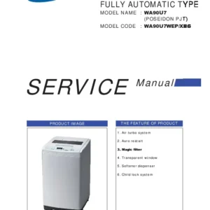 Samsung wa90u7 wa90u7wep service manual cover cover with photo of the washing machine, model code and type and manual contents
