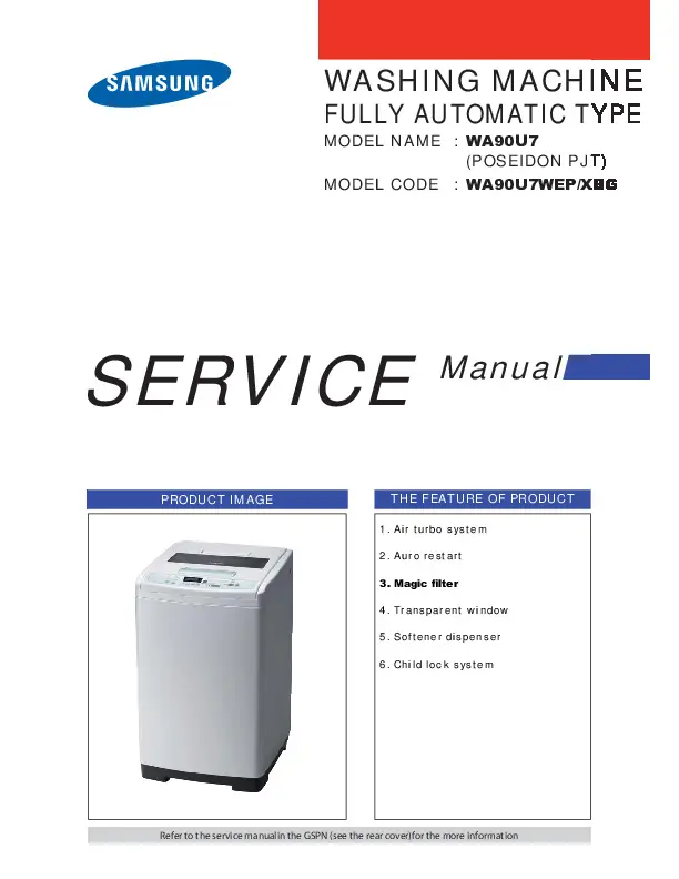 Samsung wa90u7 wa90u7wep service manual cover cover with photo of the washing machine, model code and type and manual contents