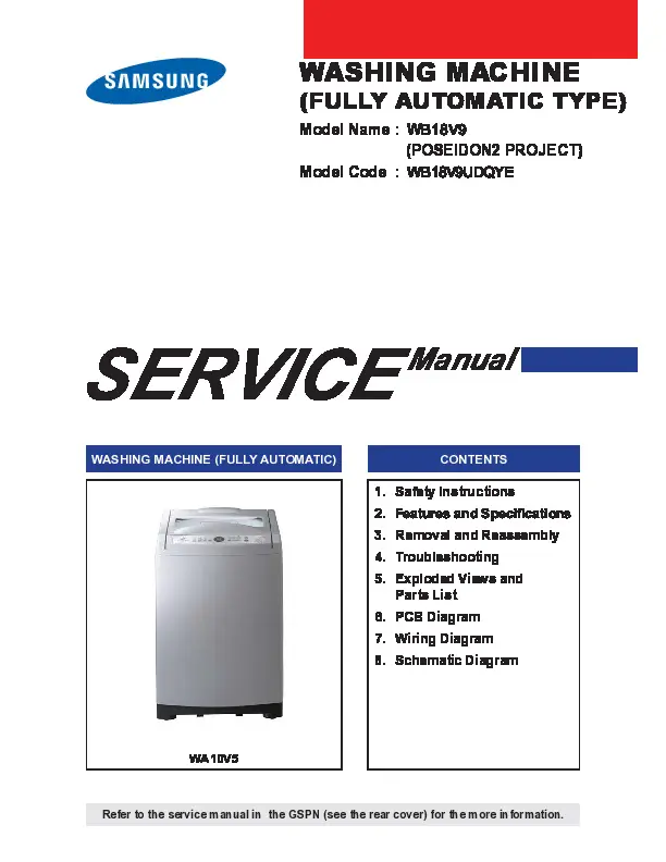 Samsung wb18v9 service manual cover cover with photo of the washing machine, model code and type and manual contents