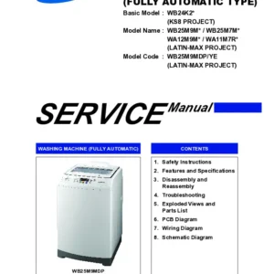 Samsung wb25m9mdp service manual cover cover with photo of the washing machine, model code and type and manual contents