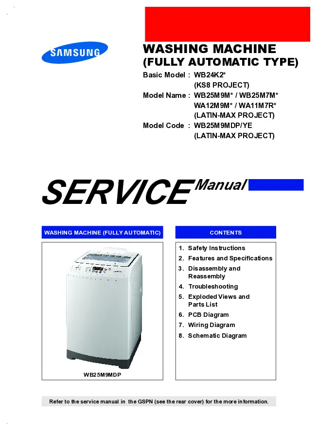 Samsung wb25m9mdp service manual cover cover with photo of the washing machine, model code and type and manual contents
