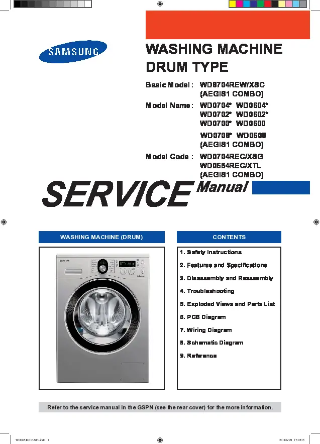 Samsung wd0654rec service manual cover cover with photo of the washing machine, model code and type and manual contents