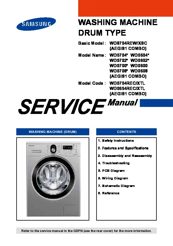 Samsung wd0704rec service manual cover cover with photo of the washing machine, model code and type and manual contents