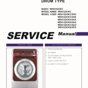 Samsung wd6122ckc wd6122cks series service manual cover cover with photo of the washing machine, model code and type and manual contents
