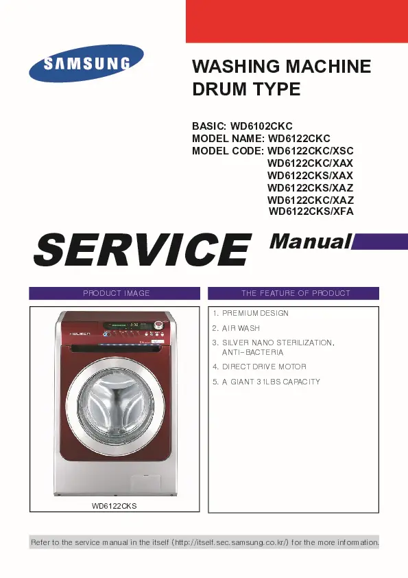 Samsung wd6122ckc wd6122cks series service manual cover cover with photo of the washing machine, model code and type and manual contents