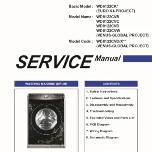 Samsung wd8122cvb wd8122cvc wd8122cvd wd8122cvw service manual cover cover with photo of the washing machine, model code and type and manual contents