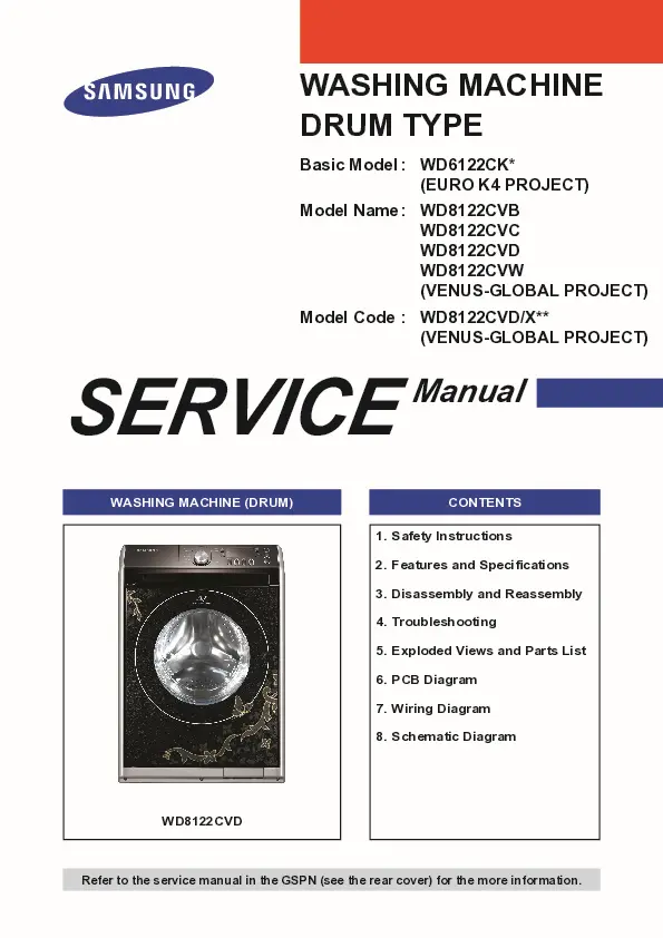 Samsung wd8122cvb wd8122cvc wd8122cvd wd8122cvw service manual cover cover with photo of the washing machine, model code and type and manual contents
