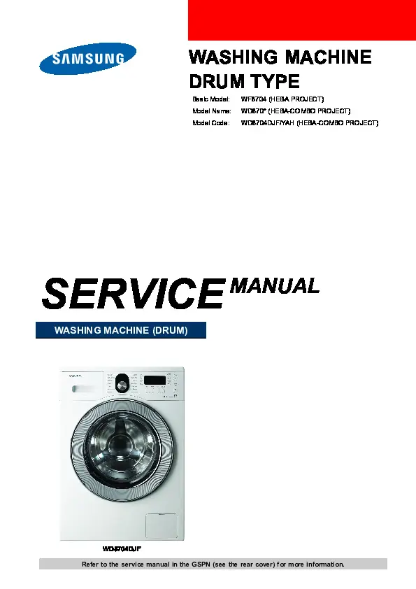 Samsung wd8704djf service manual cover cover with photo of the washing machine, model code and type and manual contents