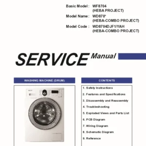 Samsung wd8704djf1 service manual cover cover with photo of the washing machine, model code and type and manual contents