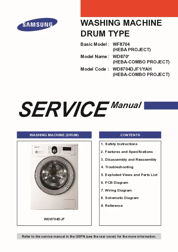 Samsung wd8704djf1 service manual cover cover with photo of the washing machine, model code and type and manual contents