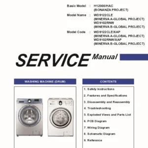 Samsung wd9122cle wd9102rnw service manual cover cover with photo of the washing machine, model code and type and manual contents