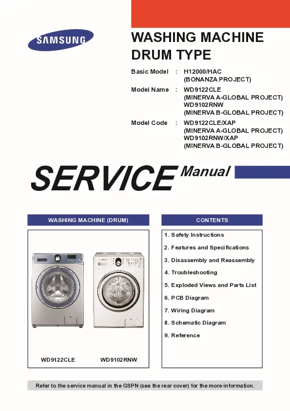 Samsung wd9122cle wd9102rnw service manual cover cover with photo of the washing machine, model code and type and manual contents