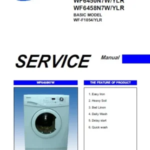 Samsung wf 6450n7w wf 6458n7w service manual cover cover with photo of the washing machine, model code and type and manual contents