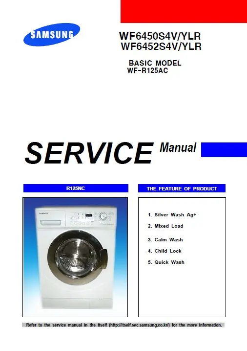 Samsung wf 6450s4v wf 6452s4v service manual cover cover with photo of the washing machine, model code and type and manual contents