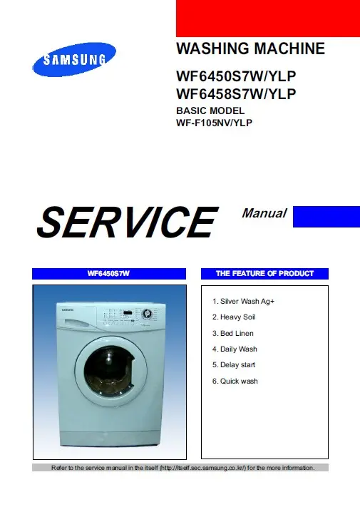Samsung wf 6450s7w wf 6458s7w service manual cover cover with photo of the washing machine, model code and type and manual contents