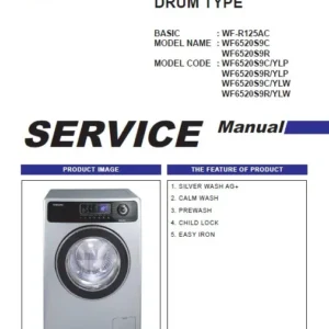 Samsung wf 6520s9r wf 6520s9c wf r125ac service manual cover cover with photo of the washing machine, model code and type and manual contents