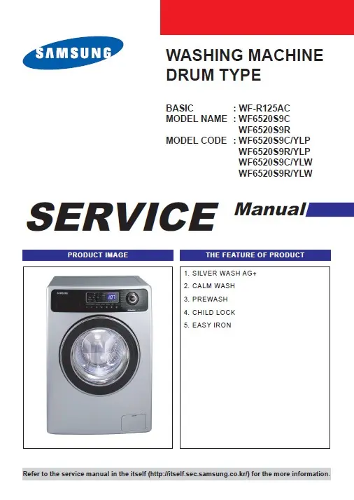 Samsung wf 6520s9r wf 6520s9c wf r125ac service manual cover cover with photo of the washing machine, model code and type and manual contents