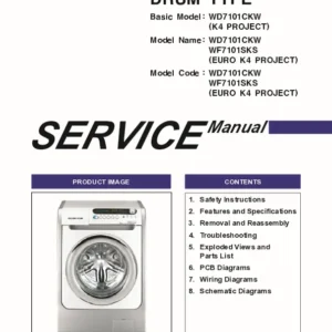 Samsung wf 7102 wd 7101 series service manual cover cover with photo of the washing machine, model code and type and manual contents