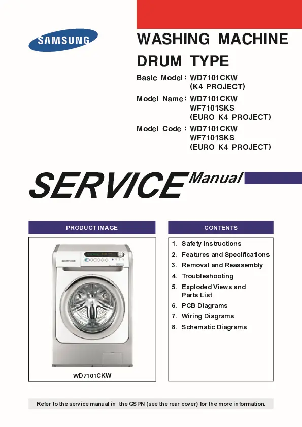 Samsung wf 7102 wd 7101 series service manual cover cover with photo of the washing machine, model code and type and manual contents