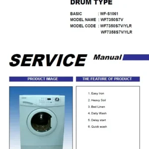 Samsung wf 7350s7v wf 7358s7v service manual cover cover with photo of the washing machine, model code and type and manual contents