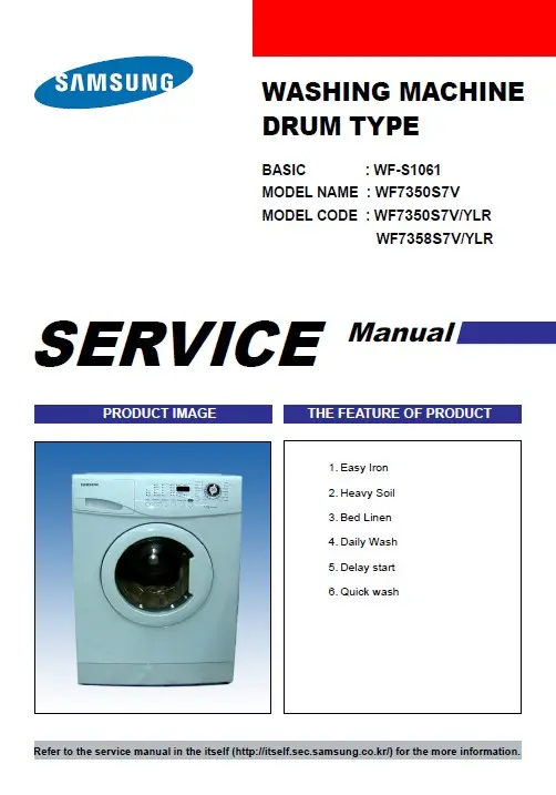 Samsung wf 7350s7v wf 7358s7v service manual cover cover with photo of the washing machine, model code and type and manual contents