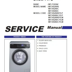 Samsung wf 7450s9c 7452s9r 7452s9c f125av service manual cover cover with photo of the washing machine, model code and type and manual contents