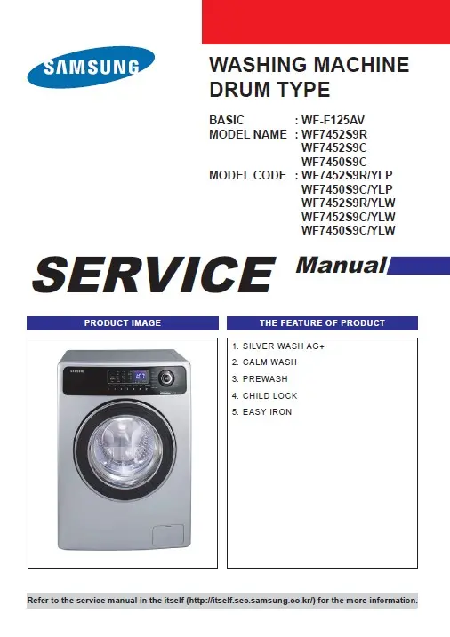 Samsung wf 7450s9c 7452s9r 7452s9c f125av service manual cover cover with photo of the washing machine, model code and type and manual contents